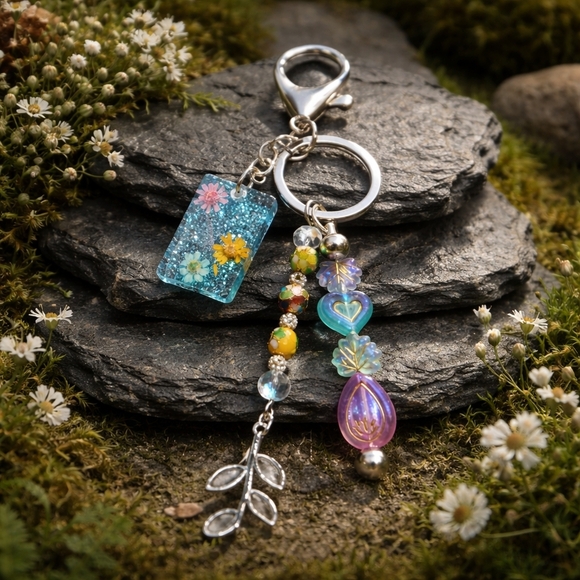 The Crystal Witch Goods Accessories - Handmade Floral Resin Keychain with Beaded Charms - Cloisone Beads